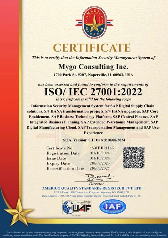 MYGO Consulting ISO 27001 certificate