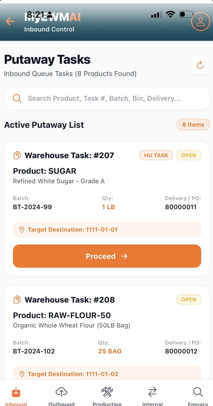 A MyEWMAI putaway task queue listing the operator's next actions