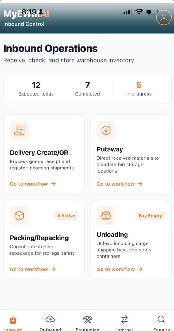 The MyEWMAI Inbound Operations Hub on a handheld, with the inbound, outbound, internal, production and enquiry tabs