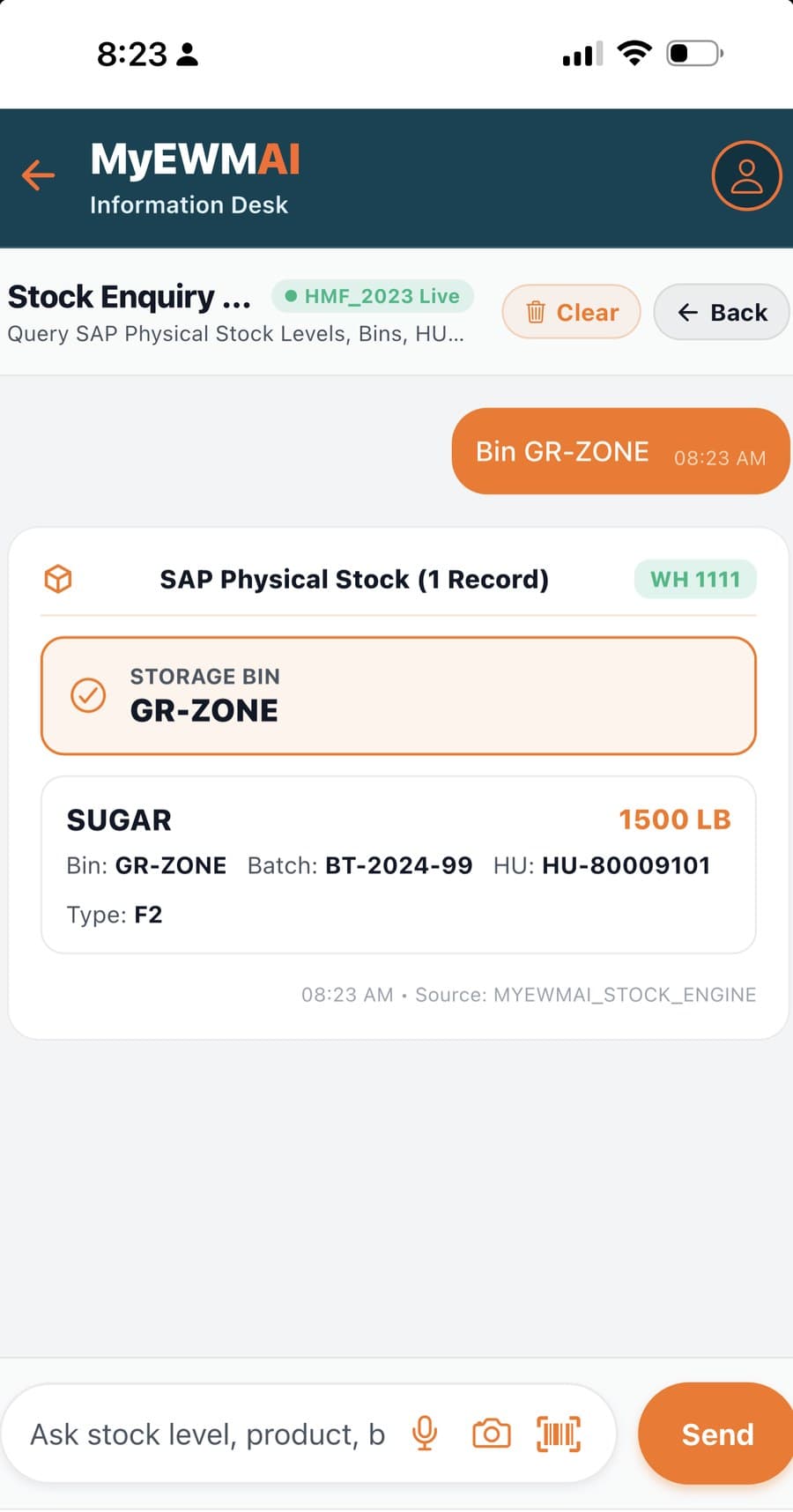 A MyEWMAI live SAP stock query result showing bin, batch and quantity