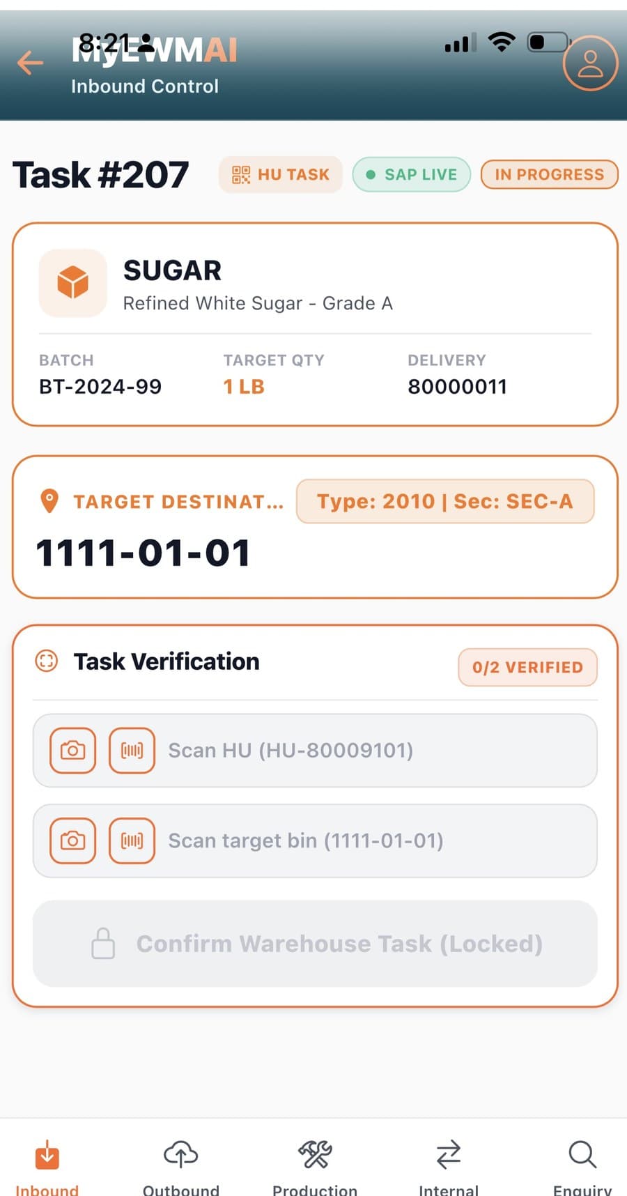 A MyEWMAI scan-to-confirm screen verifying the scanned item against the task