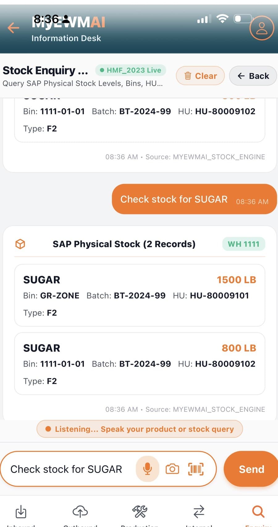 A MyEWMAI voice stock enquiry screen showing a live SAP EWM stock result